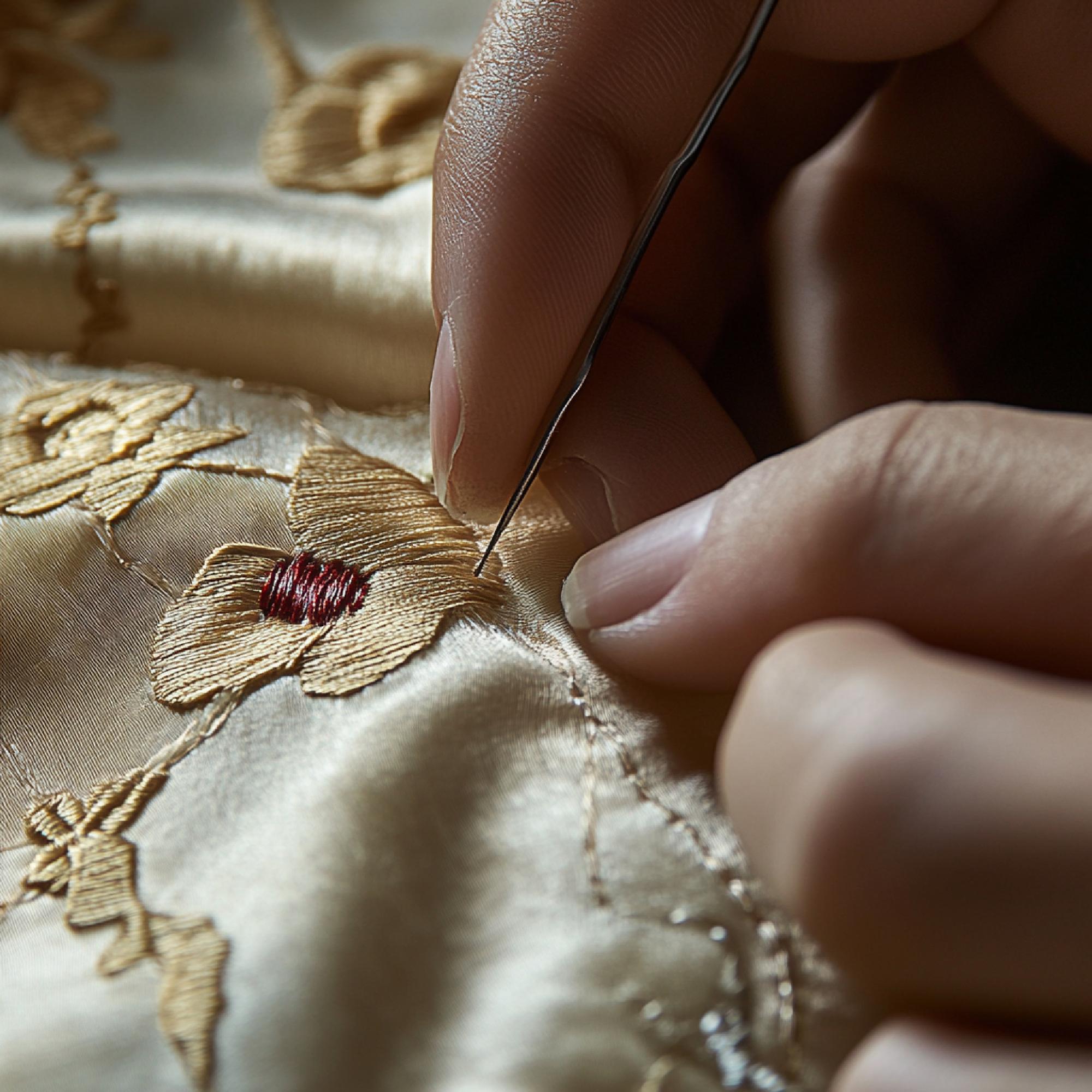 Close-up of luxury hand embroidery on silk